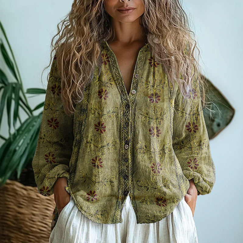 Britta – Vintageinspirerad Blus med Lövmönster