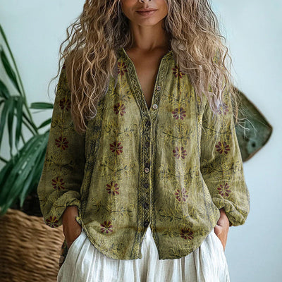 Britta – Vintageinspirerad Blus med Lövmönster